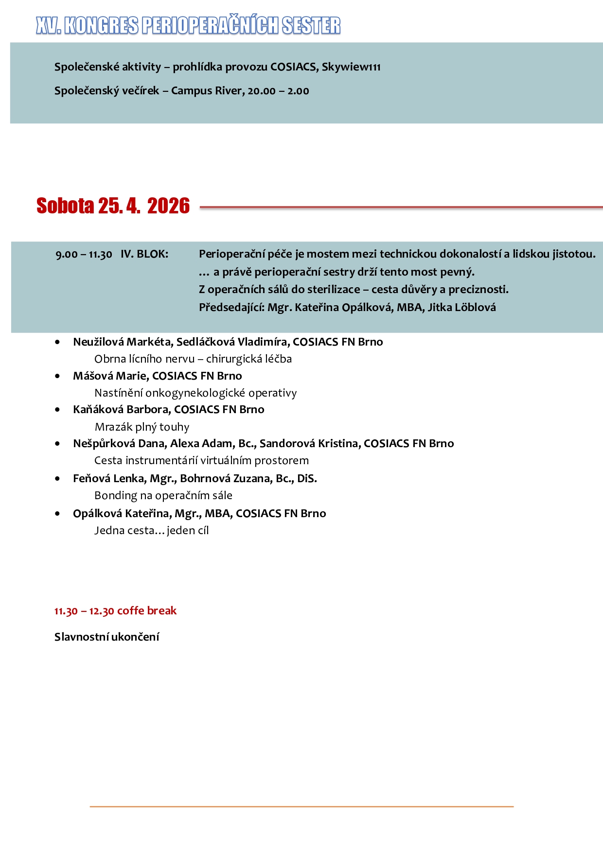 Leták XV. Kongres Perioperačních Sester